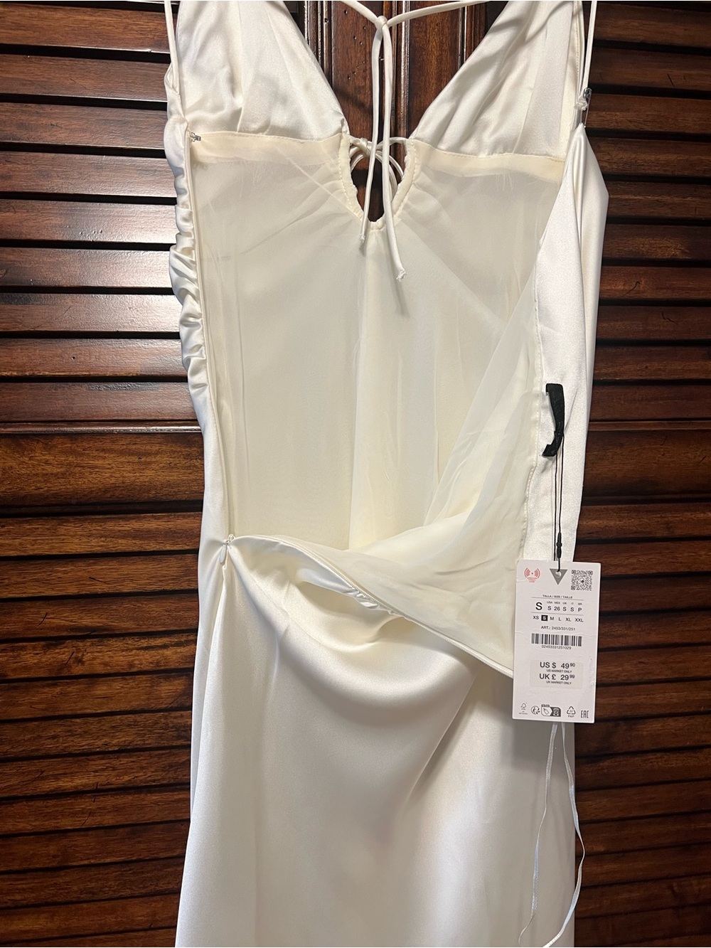 NWT “FLAWED” Zara Ivory Satin Maxi Slip Dress with Front Keyhole Size Small - Picture 6 of 16